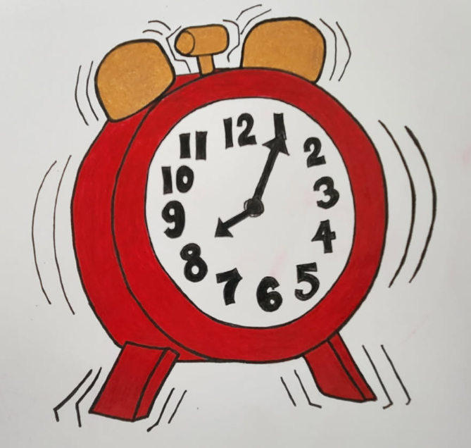 Illustration of a ringing red alarm clock from the book Time